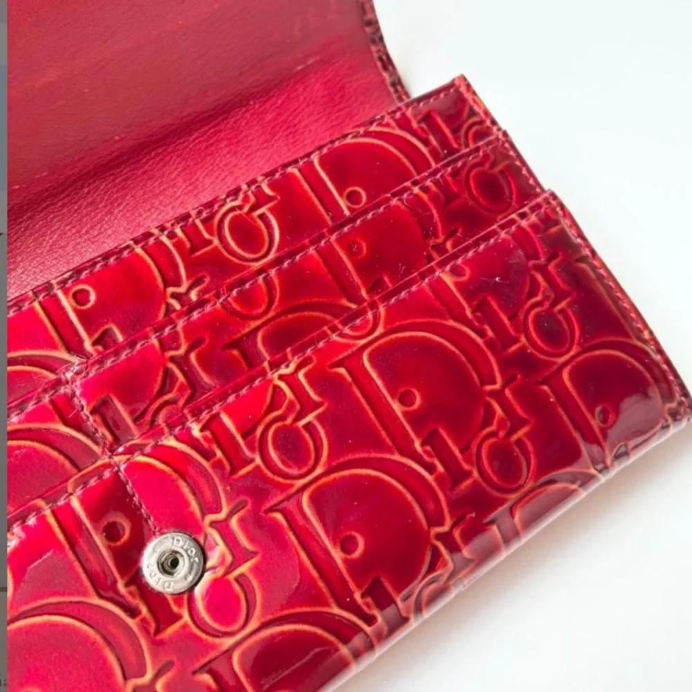 Dior Red Embossed Patent Leather Continental Wallet